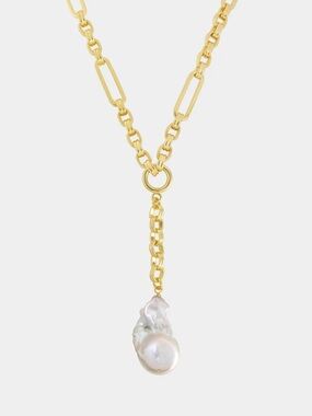 Gold Paperclip Chain Necklace with White Baroque Pearl Pendant Brand New